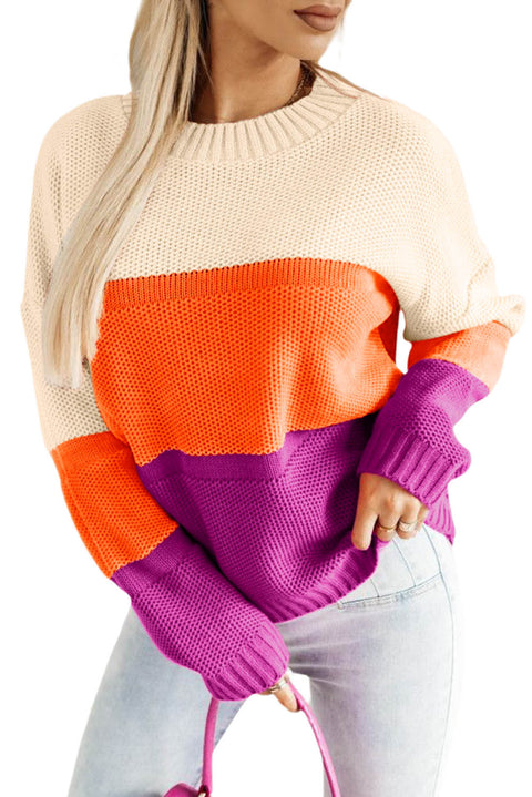 Multicolor Color Block Drop Shoulder Round Neck Knit Sweater