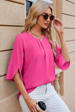 Bright Pink Pleated Round Neck Petal Sleeve Blouse