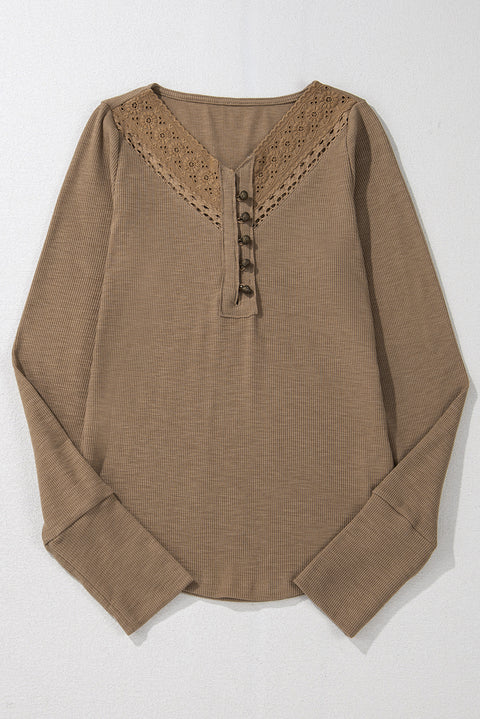 Chestnut Anglaise Broider Ribbed Long Sleeve Top