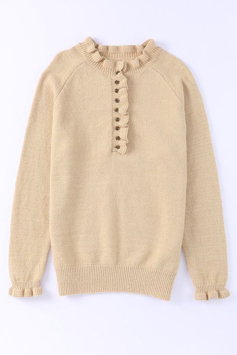 Beige Frill Trim Buttoned Knit Pullover Sweater