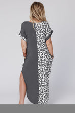 Contrast Solid Leopard Short Sleeve T-shirt Dress with Slits