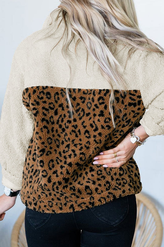 Plus Size Leopard Colorblock Zipped Sherpa Pullover