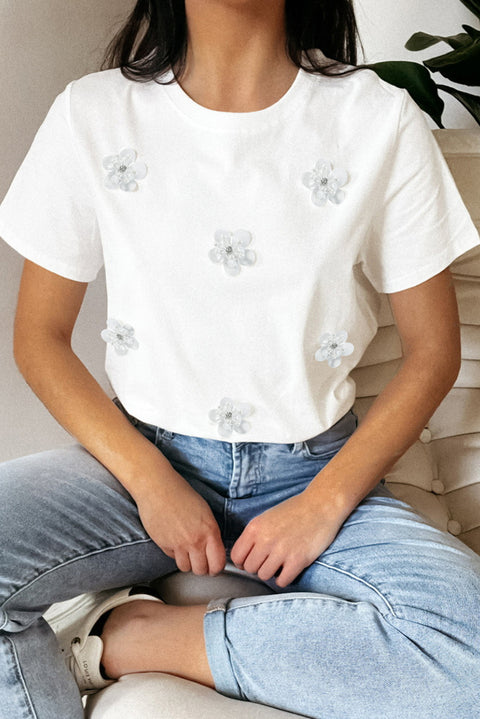 White Flower Applique Round Neck T-shirt