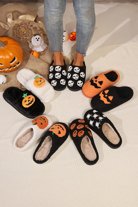 Black Halloween Pumpkin Print Plush Slippers