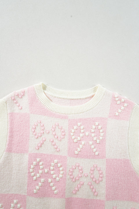 Pink Preppy Bow Detail Checkered Sweater Vest