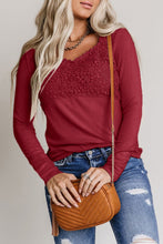 Beige Lace Crochet V Neck Long Sleeve Top