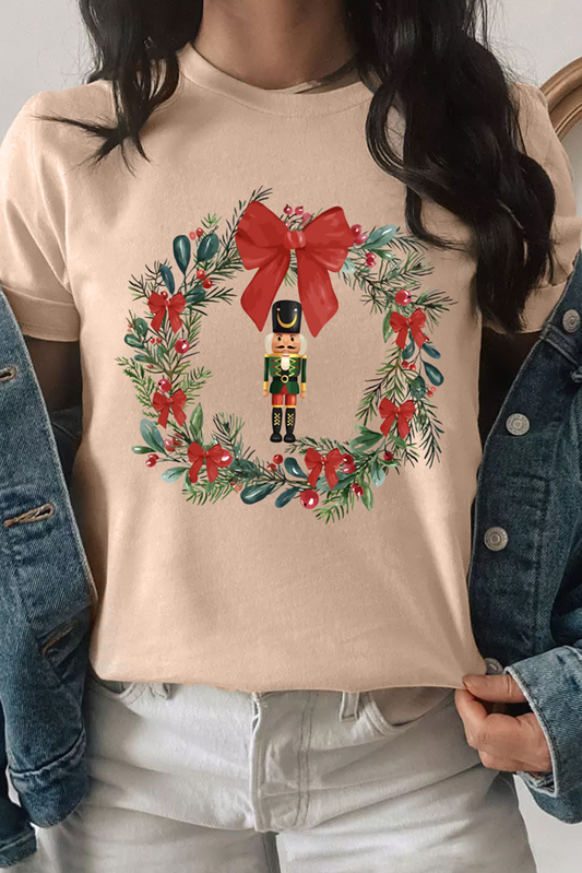 Khaki Nutcracker Bow Christmas Wreath Crewneck Printed T Shirt