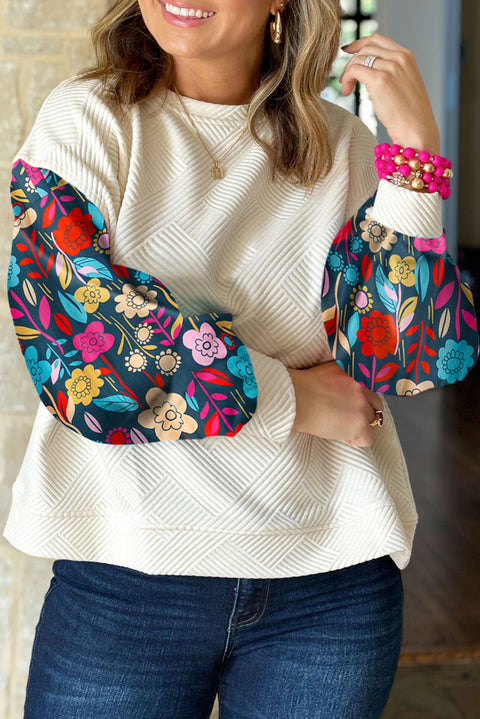 White Floral Patchwork Sleeve Textured Plus Size Pullover Top