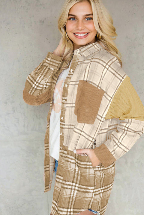 Khaki Plaid Color Block Patchwork Shirt Jacket with Pocket