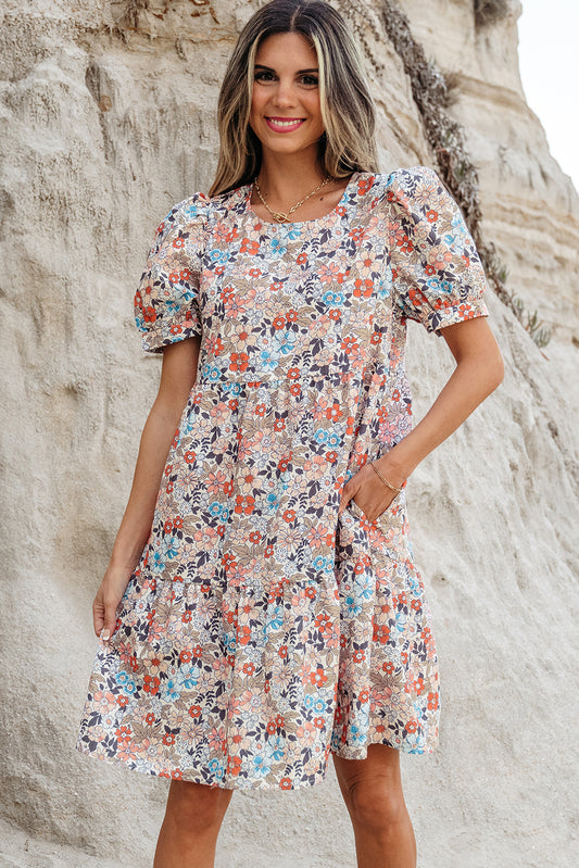 Apricot Bohemian Floral Print Short Puff Sleeve Mini Dress