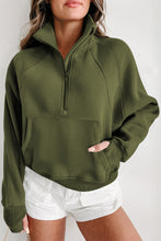 Moss Green Quarter Zip Stand Neck Kangaroo Pocket Sweatshirt