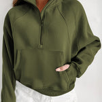 Moss Green Quarter Zip Stand Neck Kangaroo Pocket Sweatshirt