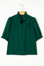 Blackish Green Solid Puff Sleeve Frilled Trim Elegant Blouse