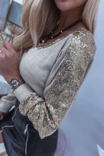 Khaki Sequin Patchwork V Neck Long Sleeve Top