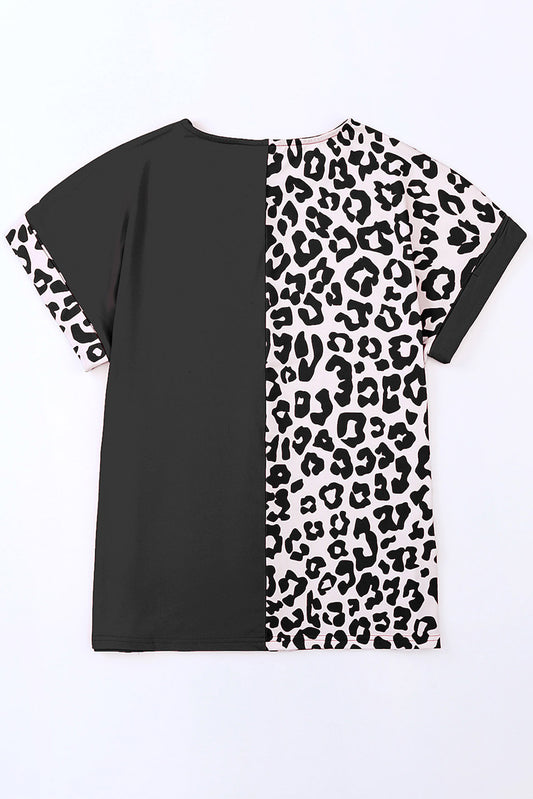 Black Half Leopard Patchwork Plus Size T-shirt