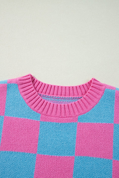 Sachet Pink Colorblock Plaid Pattern Ribbed Trim Sweater Tank Top