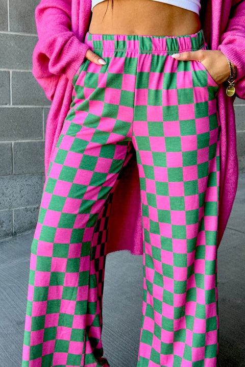 Green 2-Tone Checked Print High Waist Wide Leg Pants