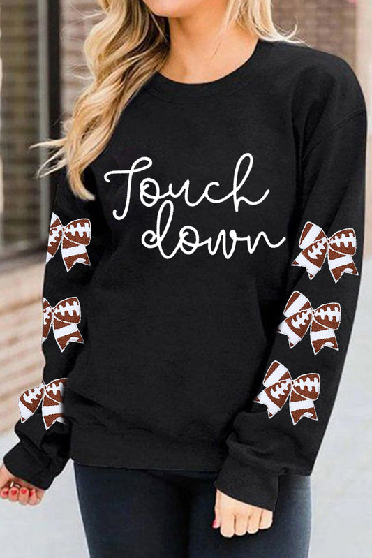 Black touch down Graphic Rugby Football Bowknot Patched Sleeve Sweatshirt