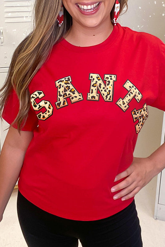 Red SANTA Leopard Print Crew Neck T Shirt