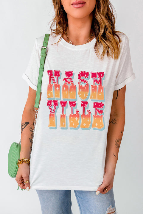 White NASHVILLE Starry Print Crew Neck Oversized T Shirt