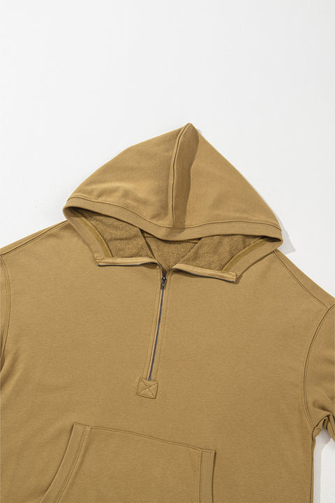 Brown Solid Kangaroo Pocket Half Zipper Oversized Hoodie