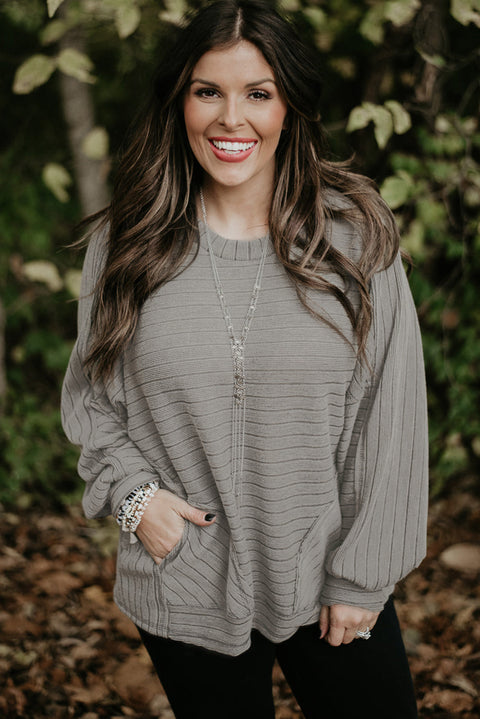 Gray Ribbed Side Pockets Long Sleeve Plus Size Top