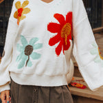 White Big Flower Pattern V Neck Drop Shoulder Sweater