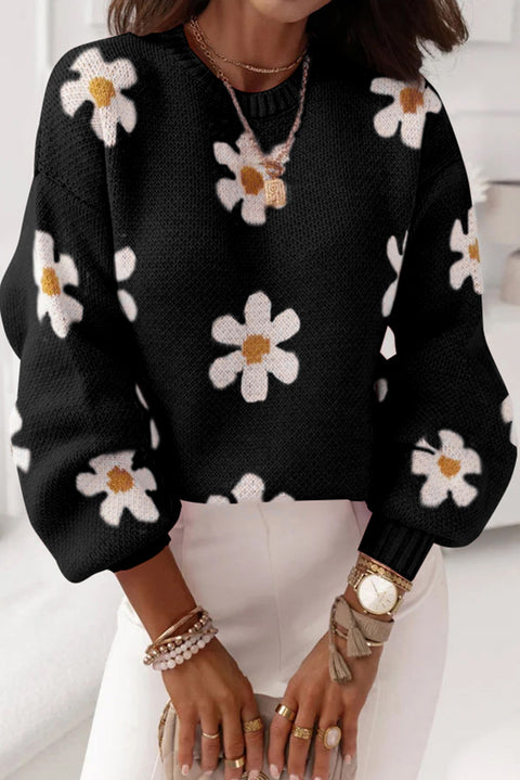 Pink Floral Pattern Drop Shoulder Sweater