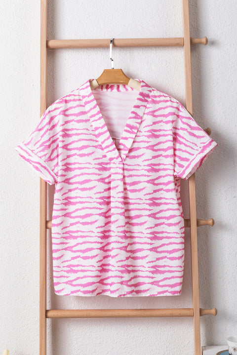 Rose Zebra Pattern V Neck Short Sleeve Blouse