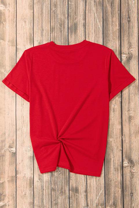 Red USA Flower Print Round Neck T Shirt