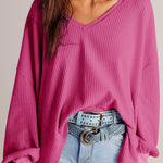 Bright Pink Waffle V Neck Long Sleeve Drop Shoulder Loose Blouse