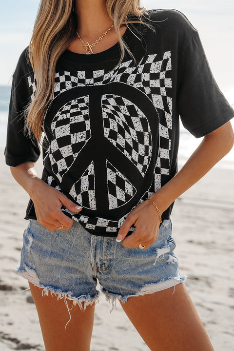 Black Checkerboard Peace Sign Printed Round Neck T Shirt