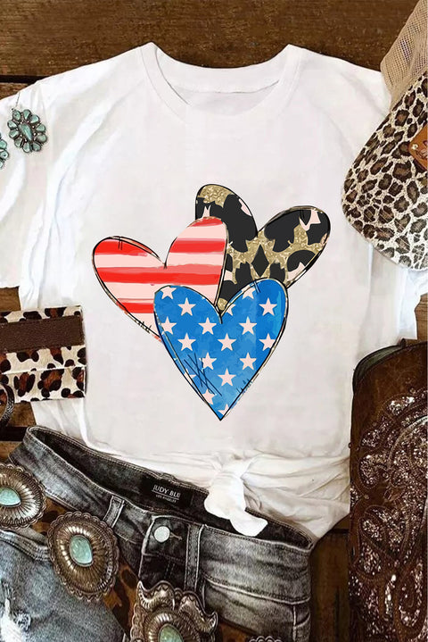 White Stars Stripe Leopard Heart Shape Graphic T Shirt