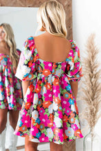 Rose Floral Print Square Neck Short Puff Sleeve Dress