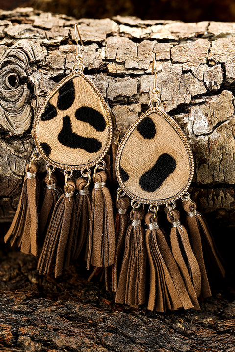 honey gold Boho Leopard Print Tasseled Hook Earrings