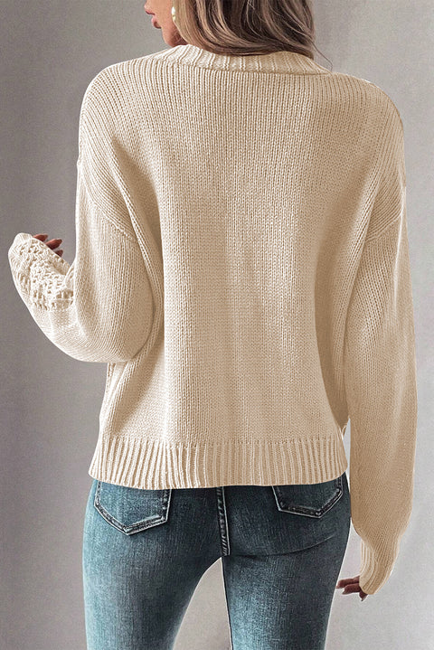 Beige Open Knit Drop Shoulder Sweater Cardigan