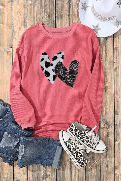 Strawberry Pink Leopard Sequin Heart Graphic Corded Sweatshirt