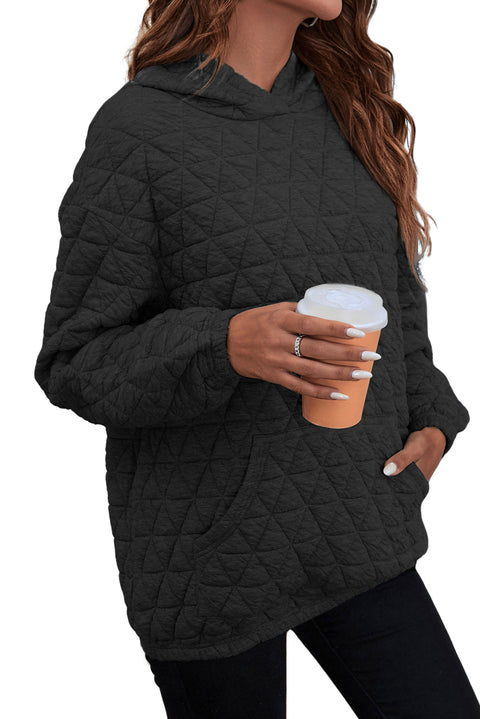 Black Solid Color Quilted Kangaroo Pocket Hoodie