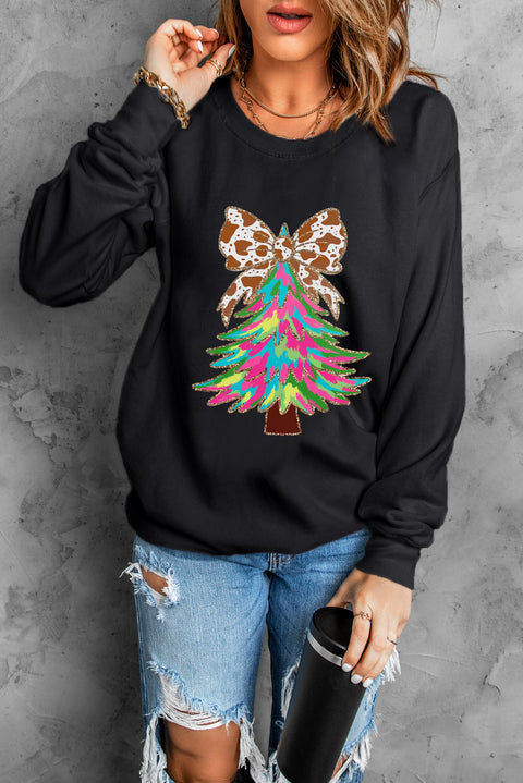 Black Bowknot Christmas Tree Shiny Graphic Sweatshirt