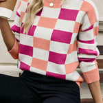 Pink Checkered Ribbed Edge O Neck Drop Shoulder Sweater