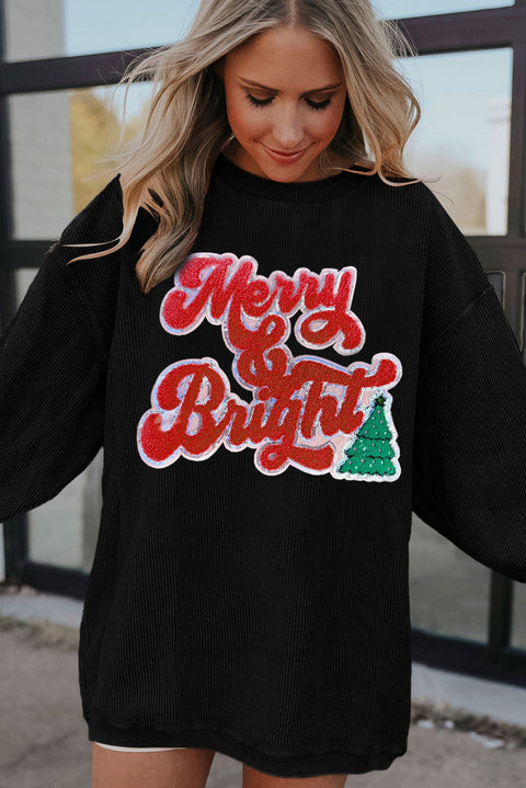 Black Merry & Bright Christmas Tree Pattern Corded Baggy Sweatshirt