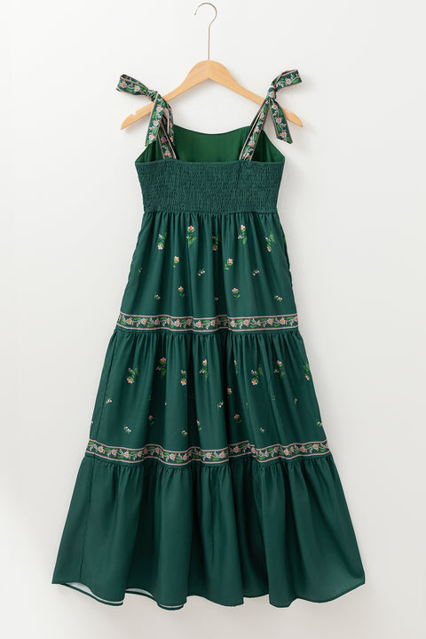 Blackish Green Floral Smocked Back Tied Straps Tiered Maxi Dress