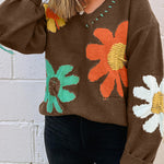 Coffee Big Flower Pattern V Neck Drop Shoulder Sweater