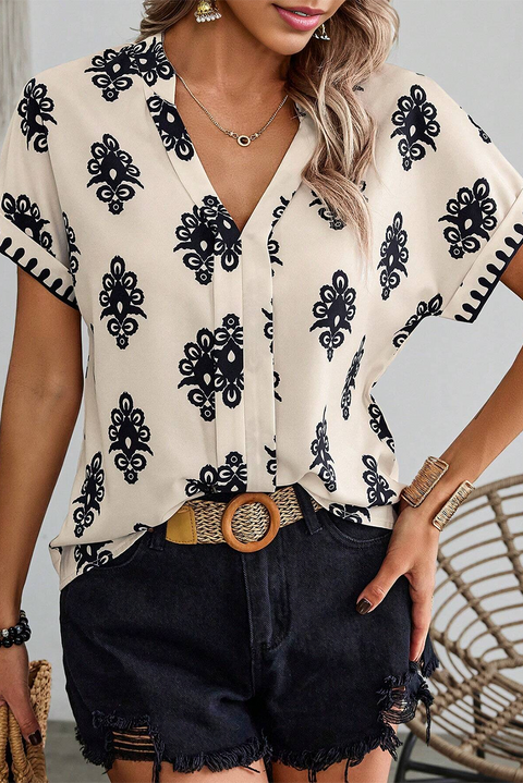 Black Geometric Print Short Sleeve V Neck Blouse