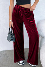 Burgundy Solid Drawstring Waist Wide Leg Pants