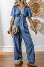 Ashleigh Blue V Neck Short Sleeve Smocked Back Denim Loose Jumpsuit