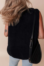 Black Leather Contrast Side Pockets Buttoned Fleece Vest