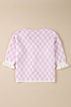 Light Pink Checkered Knitted Lace-up Ruffled 3/4 Sleeve Cardigan