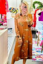 Khaki Yellow Cheetah Print Button-Up Split Shirt Dress