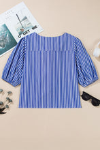 Blue Stripe Tied Front Puff Short Sleeve Blouse